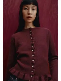 【美品】ZARAザラ　フリルニットカーディガン　ワインレッド Lサイズ