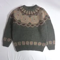 80〜90s ノルディック柄 ニット セーター 厚手 ヴィンテージ 緑×ベージュ