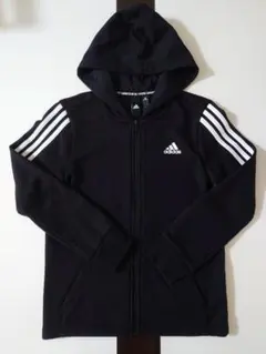 adidas フード付きパーカー 黒 3本ライン 150cm キッズ