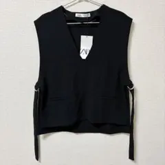 新品　ZARA サイドリボン付き　スリットベスト　ブラック　XS