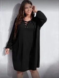 ブラック レースアップ 長袖ドレス 1XL