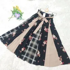 axes femme花柄チェックパッチワークフレアスカート柄切替スカート M