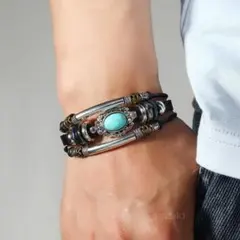 ターコイズ ブレスレット レザー 黒 バングル ヴィンテージ風