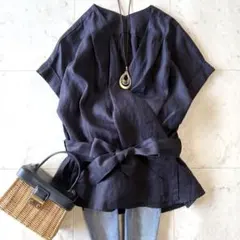 アーバンリサーチドアーズ 洗えるハードマンズリネンカシュクールブラウス ネイビー