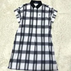 FRED PERRY チェックワンピース 比翼仕立て　ロゴ刺繍　M　ネイビー