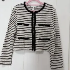 H&M ボーダー ニット ツイード バイカラー カーディガン 長袖 Lサイズ