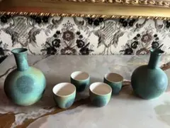 【陶器 酒器セット 徳利2個＋お猪口4個 グリーン系】
