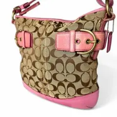 良品　コーチ　ワンショルダーバッグ　シグネチャー　キャンバス　レザー　ピンク