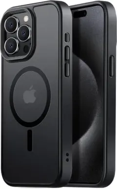 iPhone15Pro ケース MagSafe 半透明 耐衝撃 米軍 黒