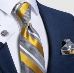 【4点セット】ネクタイストライプ結婚式成人式黄色イエロー白ホワイト金ゴールド
