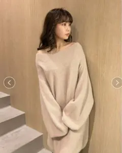 オフショルダー リブ編み ニットワンピース ベージュ