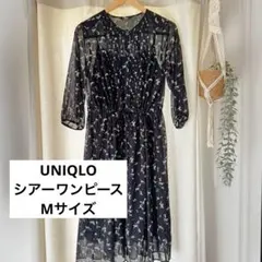 ユニクロ　シフォンプリントワンピース　黒　ブラック　レディース　M シフォン