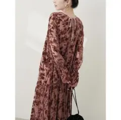 【GW セール】ナチュラルクチュール　シアーベロア花柄切替ワンピース　レッド　F