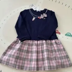 ミキハウス ワンピース 100cm ネイビー　ピンクチェック　タグ付き未使用