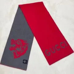 GUCCI グッチ マフラー 狼の顔刺繍 ウール 赤 ダークグレー