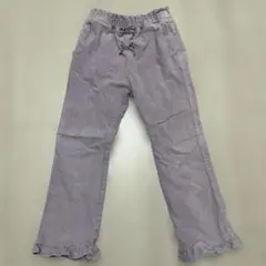 紫のラッフルヘムロングパンツ