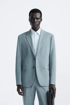 ザラzara ジャケット テクスチャー スーツ ブレザー EU50 ライトブルー