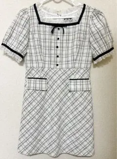 evelyn バイカラーツイードタイトワンピース 半袖 ミニスカート ホワイト