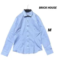 未使用 BRICK HOUSE 配色襟 ドット柄 長袖シャツ M 水色 綿混のサムネイル