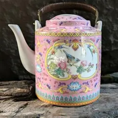 中国茶器 ピンク琺瑯彩かささぎ牡丹提梁壺 煎茶器 茶壺 茶道具 新商品未使用