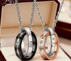 ペアネックレス ダブルリング ブラック ピンクゴールド