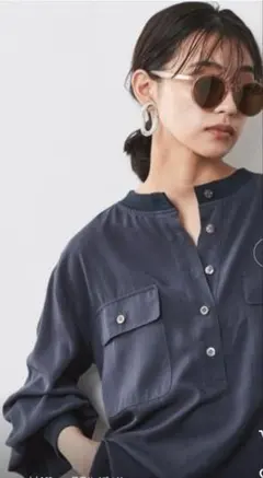 CHIC STYLE ネイビー ボタン付きシャツ M - メルカリ