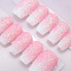 【371】ネイルチップMサイズ ピンク 白　グラデーション ラメ シュガーネイル
