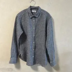 UNIQLO リネンギンガムチェック 長袖シャツ ネイビー Lサイズのサムネイル