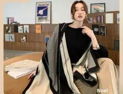 高品質 大判ストール モノトーン　小顔効果 マフラー 韓国 膝肩掛け　黒