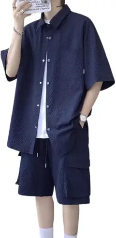 夏服 メンズ 上下セットアップ シャツ 半袖 カーゴパンツ シボ加工 通気性のサムネイル