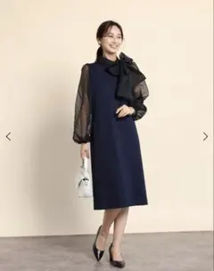 ヤマダヤ 新品未使用 FENNEL ドットフロッキーリボンワンピース ネイビー