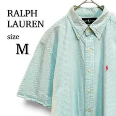 【美品】ラルフローレン 半袖 ボタンダウンシャツ M ストライプ柄 ライトブルーのサムネイル