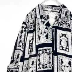 美品 総柄シャツ 半袖 金ボタン 春夏 ブラック フリー レディース