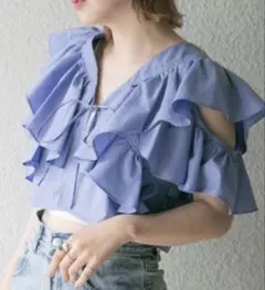 eimy istoire フリルオフショルブラウス ストライプ ブルー | Mercari