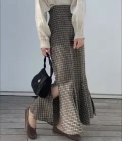 LAUIR ウールライクチェックマーメイドスカート ブラウン