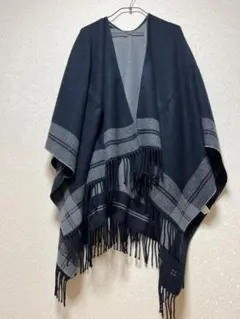 ユニクロ　フリンジポンチョ　ショール　ストール風　ブラック×グレー　美品