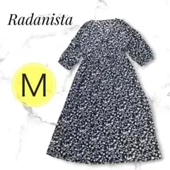 小花柄ワンピース ブラック ウエストゴム Vネック ボタン M 春 /706