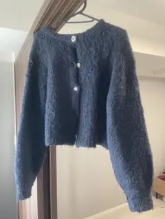 ネイビー ボタン付き シャギーニット カーディガン