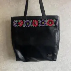 FELIER 黒レザートートバッグ 花柄刺繍付き