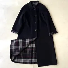 バーバリー ダブルフェイス ロングコート ネイビー ノバチェック カシミヤ混 M
