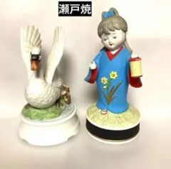 【瀬戸焼】絵付け　白鳥の陶器羽を広げたデザイン　青色着物の日本人形 提灯付き