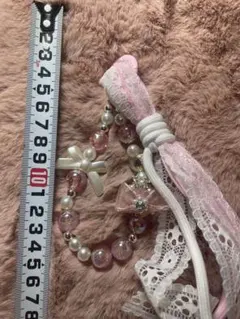 ピンクビーズリボン携帯ストラップ