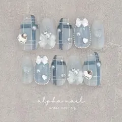 あむ様専用 ブルーチェック チークネイルチップ