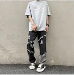 【33】メンズ 新品 ダメージデザイン デニムパンツ ブラック