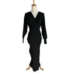 シーイン✨カシュクールリブニットタイトロングワンピース【Ｍ】ブラック　黒