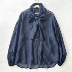 24AW 美品 レサージュ オーガンジーボウタイブラウス シアー F ネイビーのサムネイル