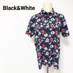 【美品】ブラック＆ホワイト ゴルフウェア ポロシャツ 総柄 花柄 テリア刺繍 Mのサムネイル