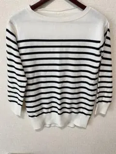 ホワイト/ブラック ストライプ 長袖ニット Sサイズ