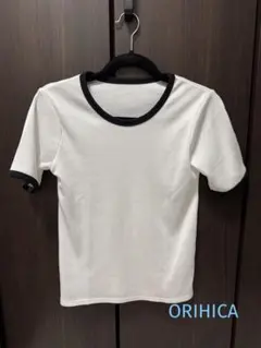 オリヒカ　美ラクるカットソー配色リブTシャツ　新品　レディースオフィストップス白のサムネイル