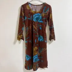 長袖 ひざ丈ワンピース 花柄 ベロア素材 レディース サイドスリット 海外古着